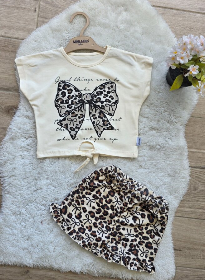 Bež komplet s leopard mašnom
